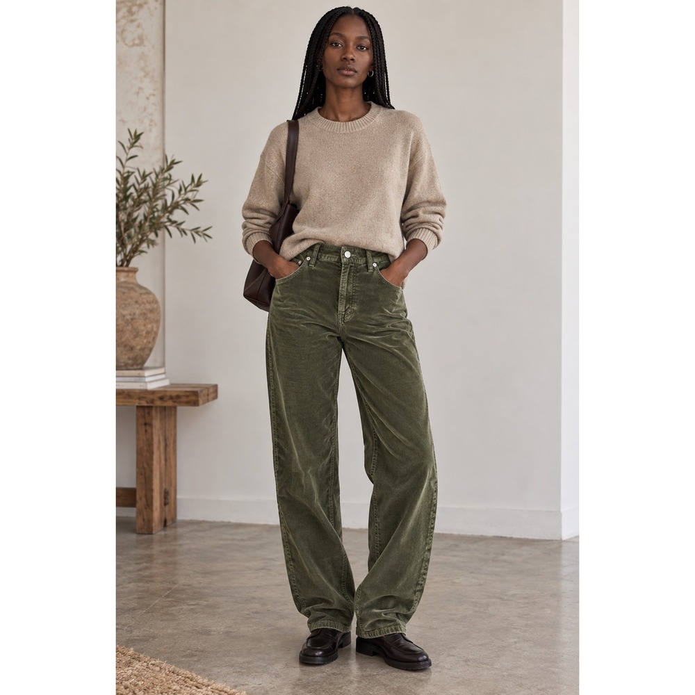 Lucky Brand Olive Green Corduroy Barrel Leg Pants Size 8/29R High Rise Relaxed
